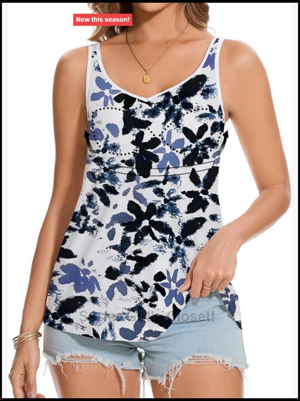 V Neck Tank Top with Built in Bra Wide Strap Flowy Loose Fit Summer